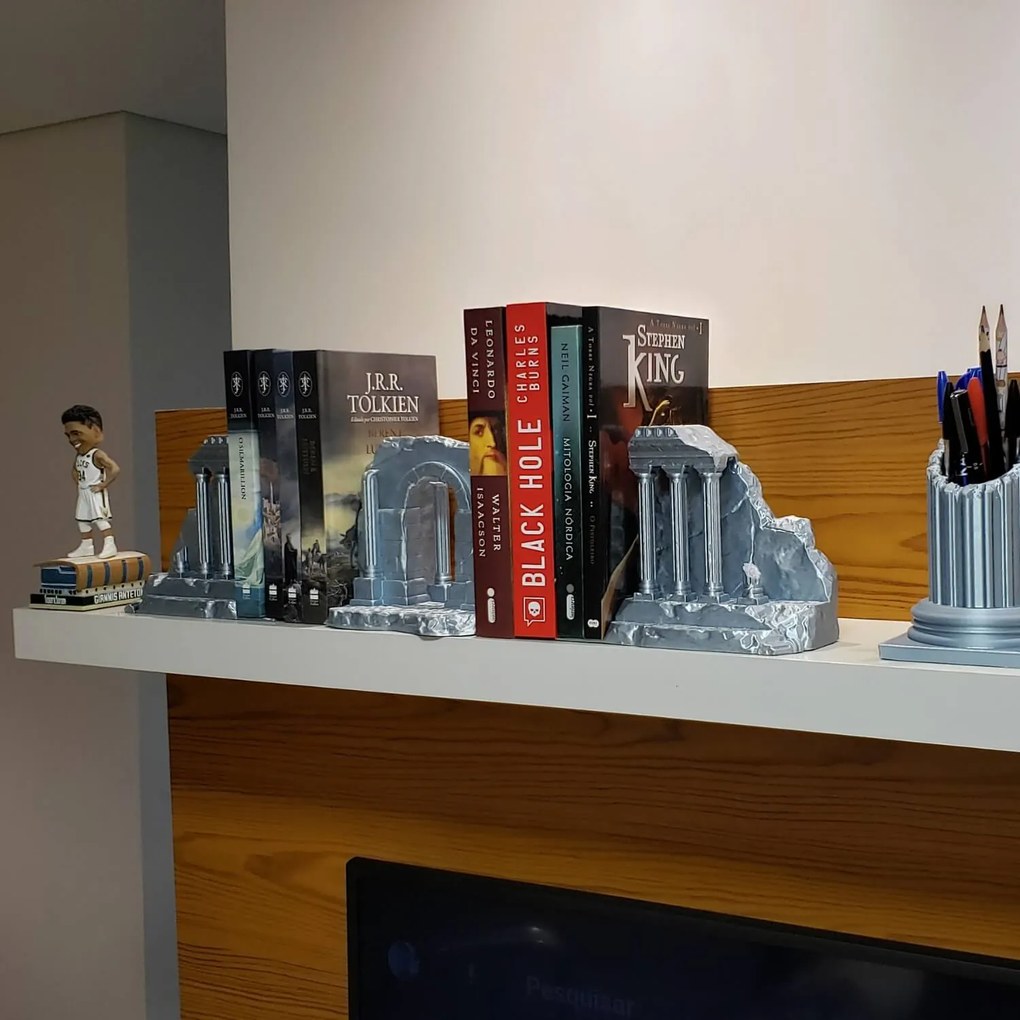 Aparador de Livros Ruínas Gregas - 2 Cores Prata ou Branco - Prata - 3 Peças