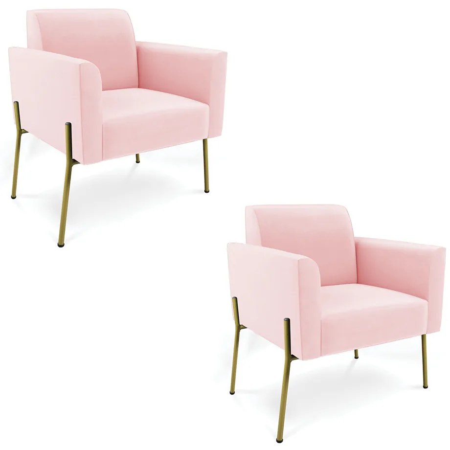 Poltrona Pé de Ferro Dourado Decorativa Kit 2 Marisa Suede D03 - D'Rossi - Rosa Bebê