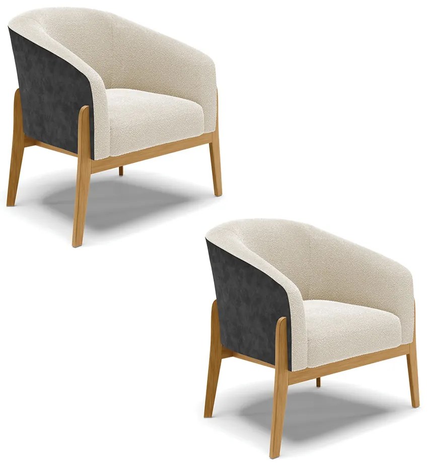Poltrona Decorativa Base Madeira Kit 2 Stella PU Preto/Bouclê D03 - D'Rossi - Bege