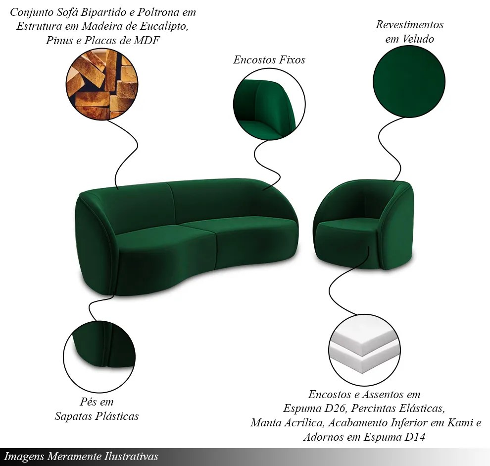 Conjunto Sofá Sala de Estar Bipartido 240cm e Poltrona Clarke Veludo Verde G45 - Gran Belo