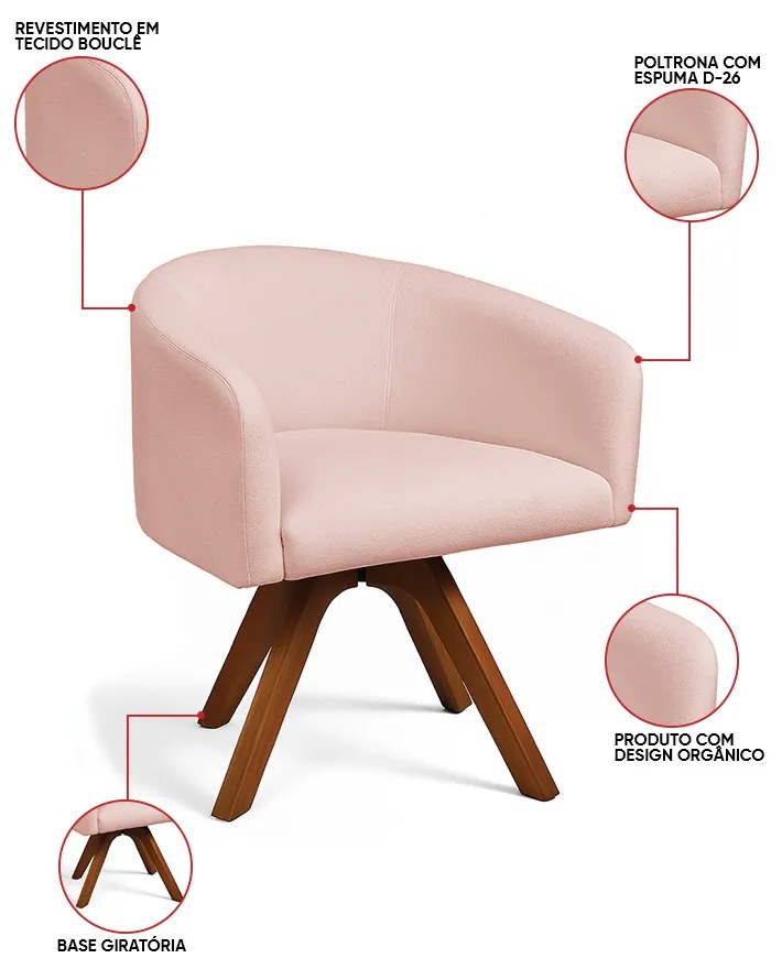 Poltrona Sala Base Giratória Madeira Kit 2 Arielle Bouclê D03 - D'Rossi - Rose