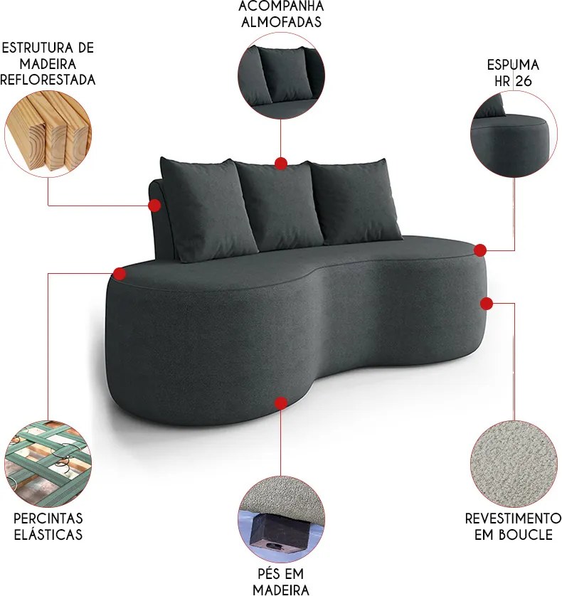 Sofá 2 Lugares Orgânico 160cm com Almofadas Benin Bouclê B03 - D'Rossi - Grafite