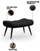 Puff Decorativo Para Sala de Estar Pés Palito Lord Facto Dunas Preto -