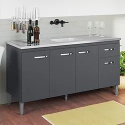 Balcão Gabinete Com Pia Inox 150cm 4 Portas e 1 Gaveta Gabriela Cinza