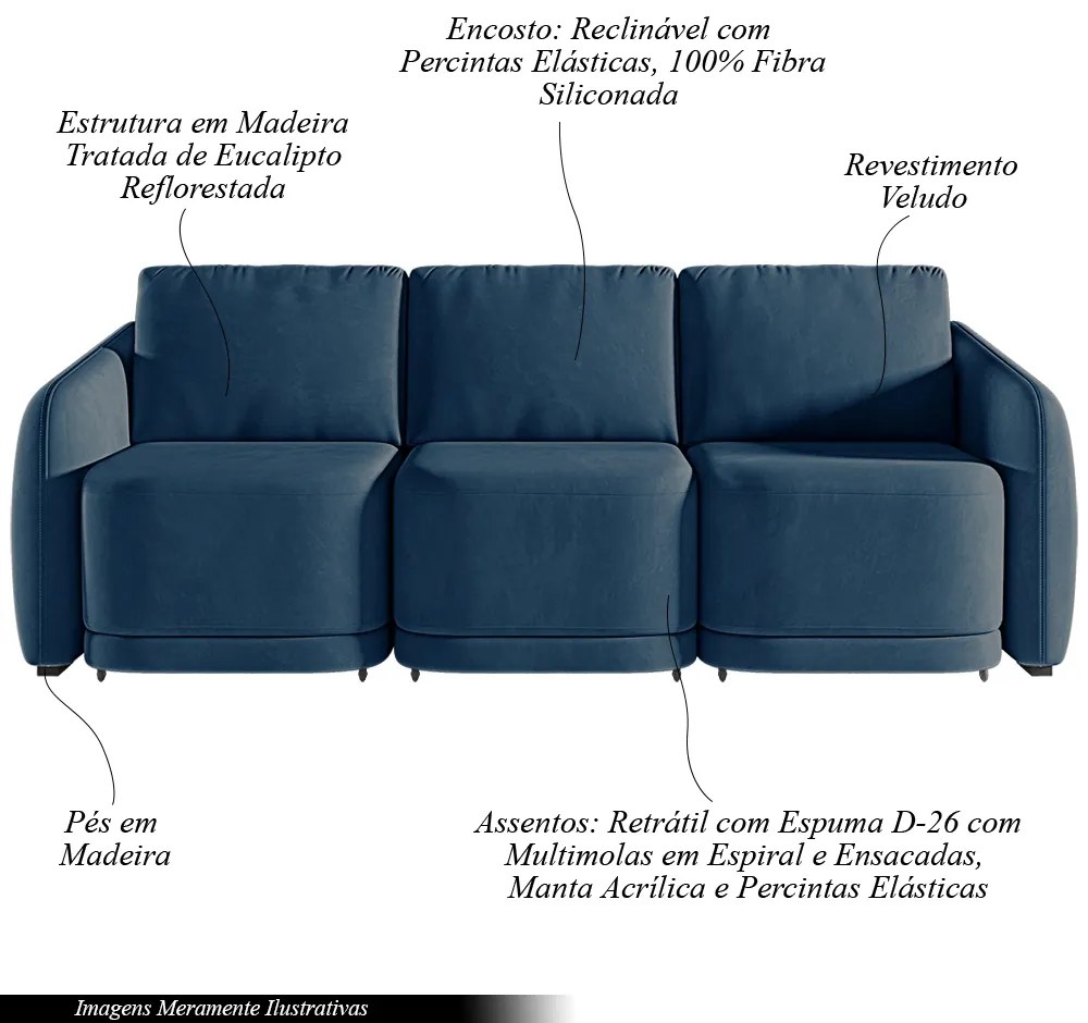 Sofá Cama Modulado Retrátil e Reclinável Decorativo Varsóvia 246cm Veludo Azul Marinho G33 - Gran Belo