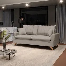 Sofá 180cm 3 Lugares com Almofadas Pés Curvos Veras Linho D05 Bege - M