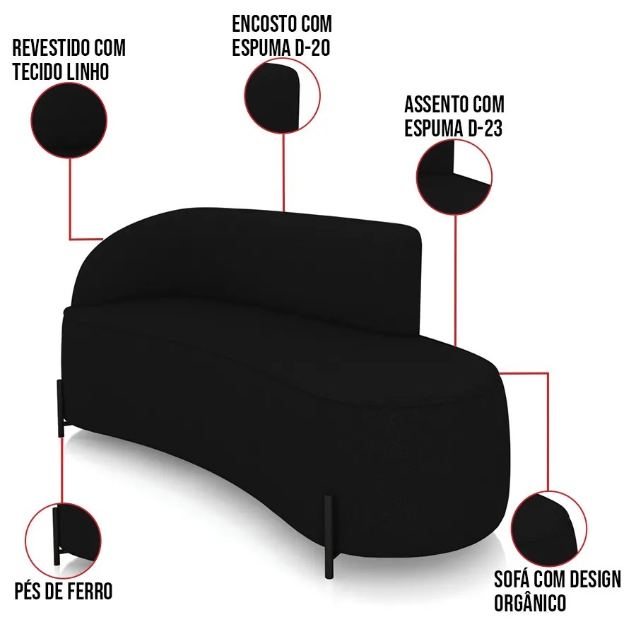 Sofá 3 Lugares Orgânico 180cm Pé Ferro Preto Morgan Linho D03 - D'Rossi - Preto