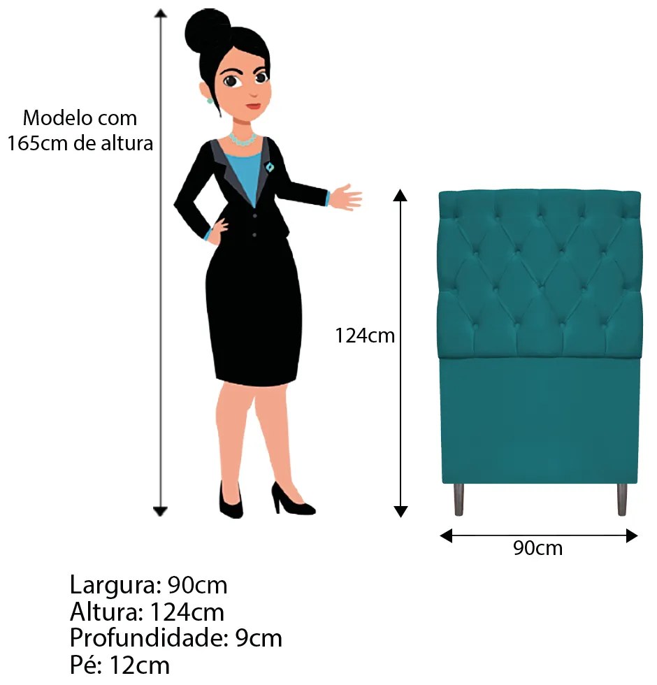 Cabeceira Estofada Liverpool 90 cm Solteiro Suede Azul Turquesa - ADJ Decor