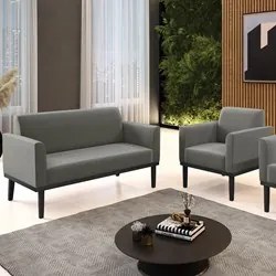 Sofá Namoradeira e 1 Poltrona Base Madeira Preto Maressa Suede Grafite