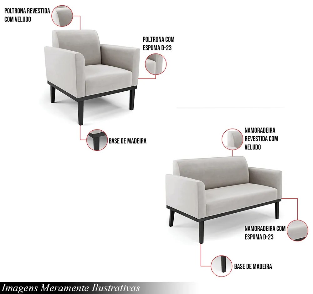 Conjunto 2 Poltronas e 1 Namoradeira Decorativa Isabella Pés Fixo em Madeira Preto Veludo Cinza G19 - Gran Belo