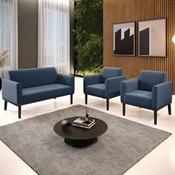 Sofá Namoradeira e 2 Poltronas Base Madeira Preto Maressa Suede Azul M