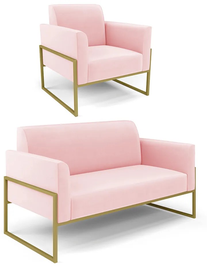 Sofá Namoradeira com Poltrona Base Industrial Alta Dourado Marisa Suede D03 - D'Rossi - Rosa Bebê