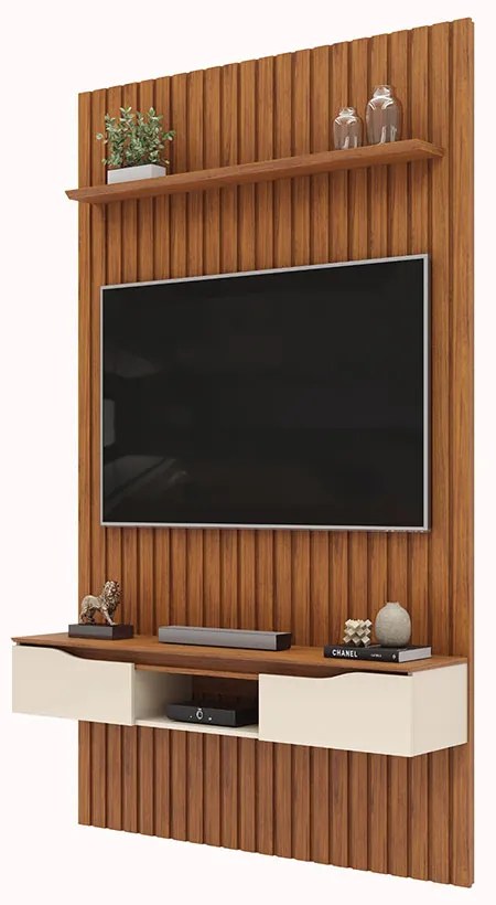 Painel Suspenso Ripado Seko TV 55" Portas Basculantes Borda Chanfrada Freijó/OffWhite G18 - Gran Belo