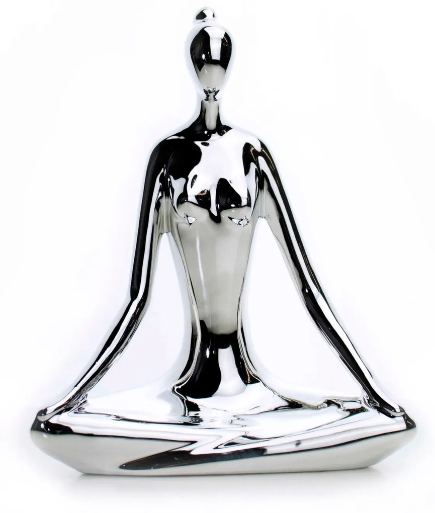 Escultura Yoga Prata Em Porcelana Pose Meditação Lótus 15,5x20 Cm - D'Rossi