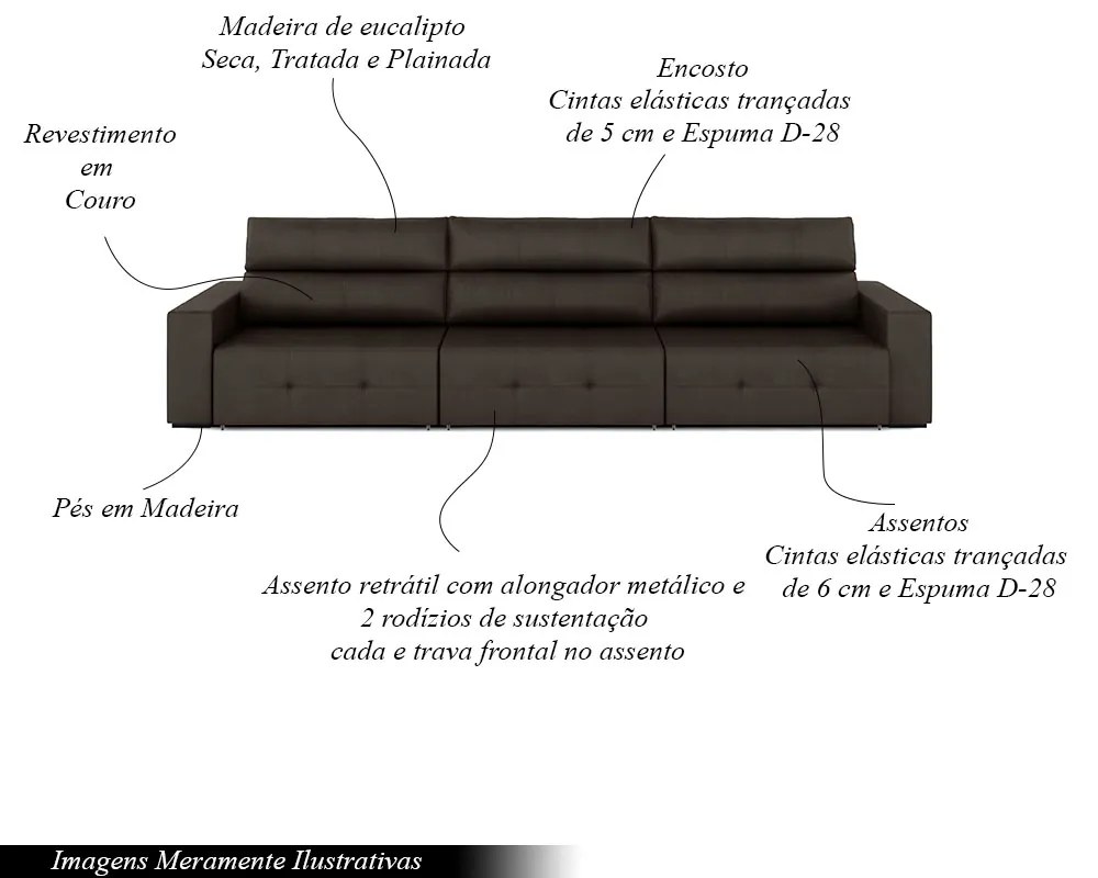 Sofá Retrátil 4 Lugares 284cm 3 Módulos Nero Couro Marrom G52 - Gran Belo