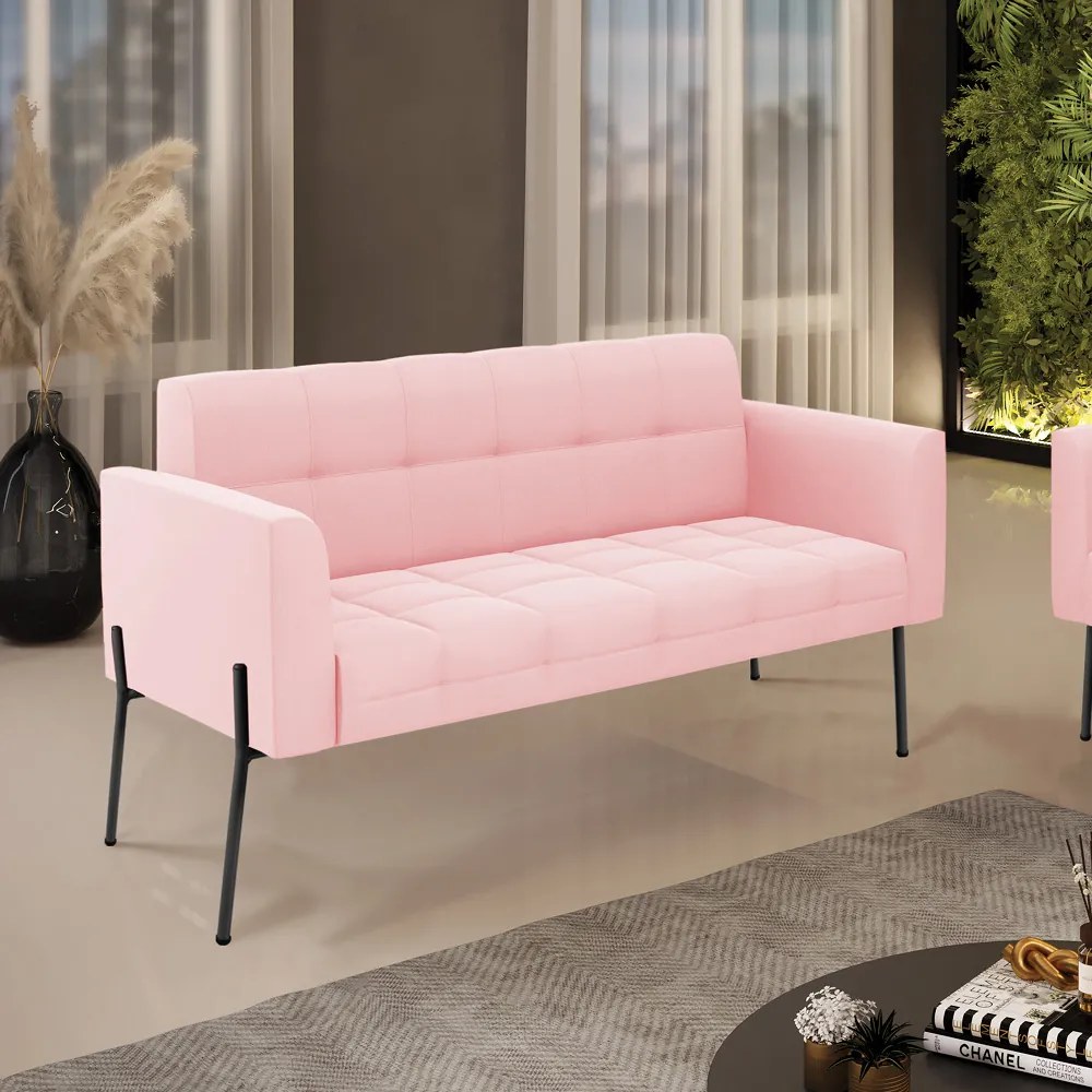 Sofá Namoradeira 2 Lugares Pé de Ferro Preto Elisa Suede D03 - D'Rossi - Rosa Bebê