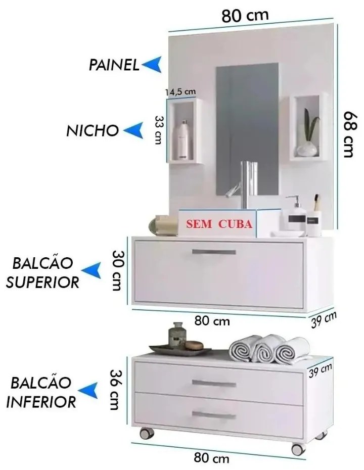 Gabinete Branco P/ Banheiro 80cm Painel Balcão - Sem Cuba