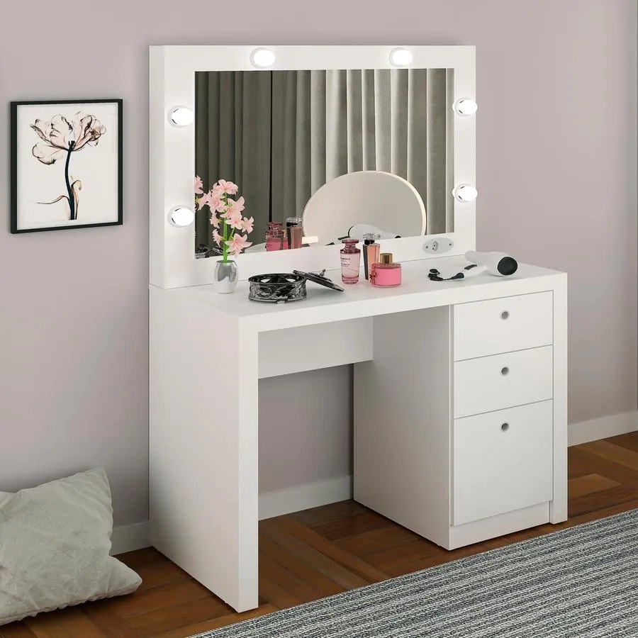 Penteadeira Camarim 90x41cm 6 Soquetes 3 Gavetas Branca
