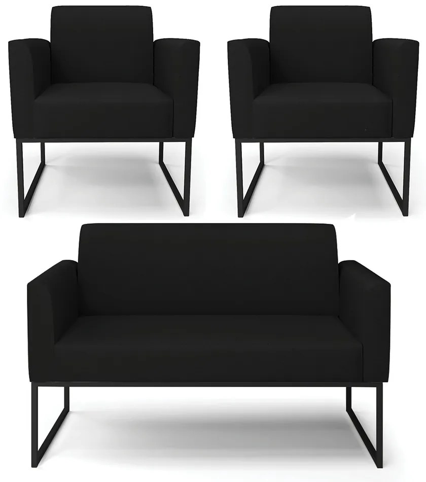 Sofá Namoradeira com 2 Poltronas Base Industrial Preto Marisa Linho D03 - DRossi - A79 Preto