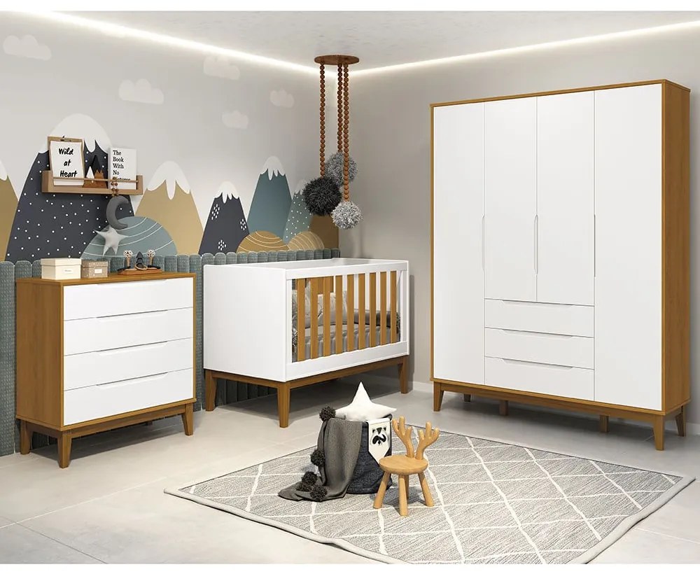 Kit Quarto Infantil com Pés Square Mel - Cômoda Elfe 4 Gavetas + Guarda-Roupa Elfe + Berço Mini Cama Noah - Branco e Savana
