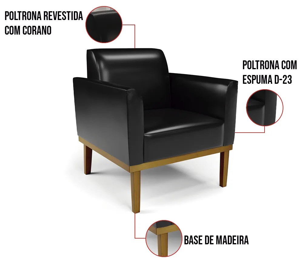 Kit 2 Poltronas Base de Madeira Fixa Castanho Marisa Corano  D03 - D'Rossi - Preto