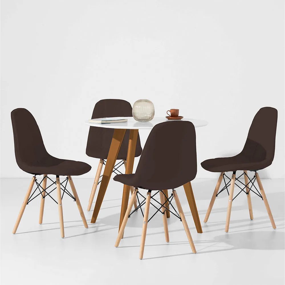 Conjunto Mesa Square Redonda Branco Fosco 88cm + 4 Cadeiras Eiffel Botonê - Marrom