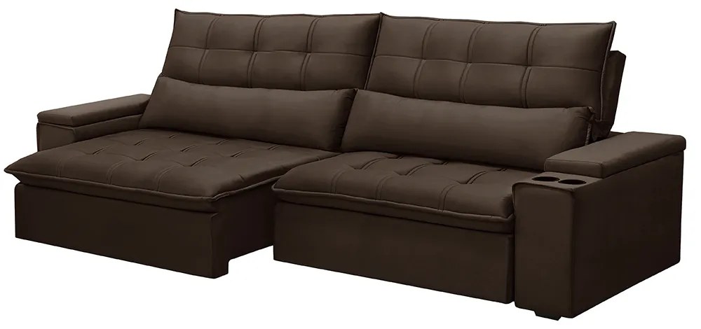 Sofá Retrátil e Reclinável 3 Lugares 230cm Robem Porta Copos no Braço Veludo Marrom G22 - Gran Belo
