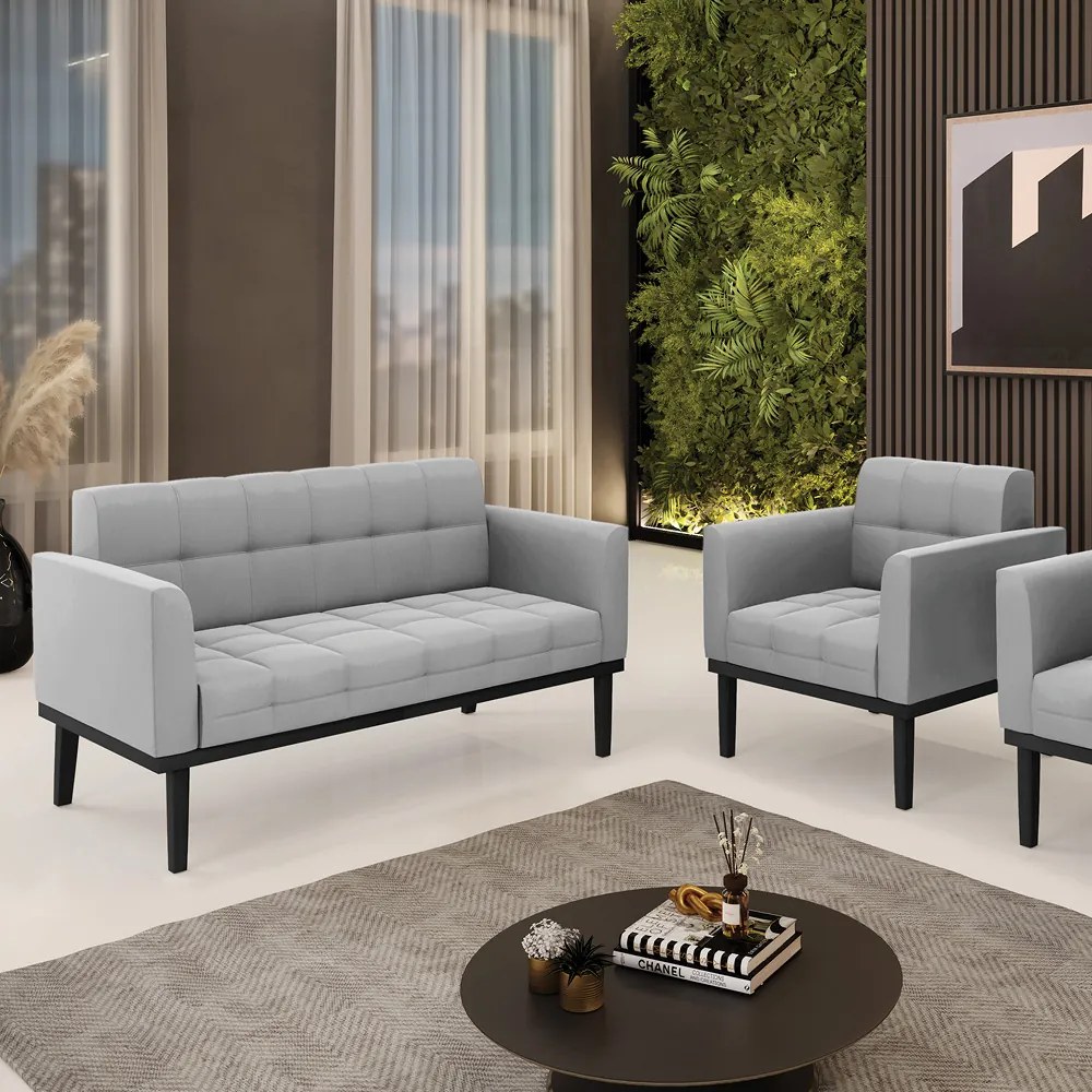 Sofá Namoradeira e Poltrona Base de Madeira Preto Elisa Suede D03 - D'Rossi - Cinza