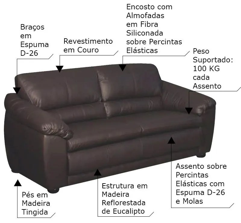 Sofá 3 Lugares Sala de Estar Veneza Couro Marrom G58 - Gran Belo