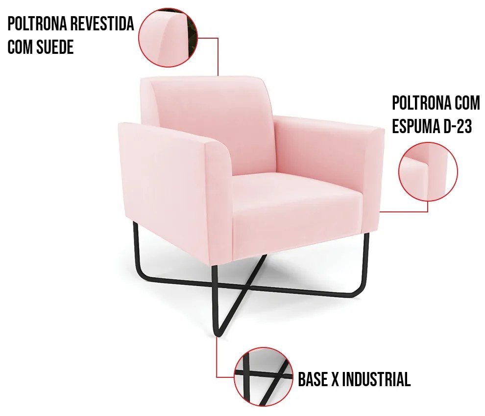 Kit 2 Poltronas Base X Industrial Preto Marisa Suede - Rosa Bebê