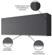 Armário Aéreo 150cm 4 Portas Andréia Cinza - AJL Móveis