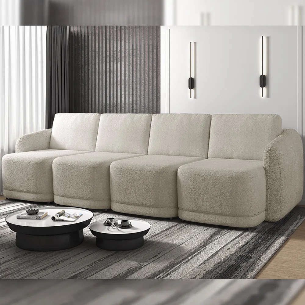 Sofá Cama Modulado Retrátil e Reclinável Decorativo Varsóvia 316cm Bouclê Bege G33 - Gran Belo