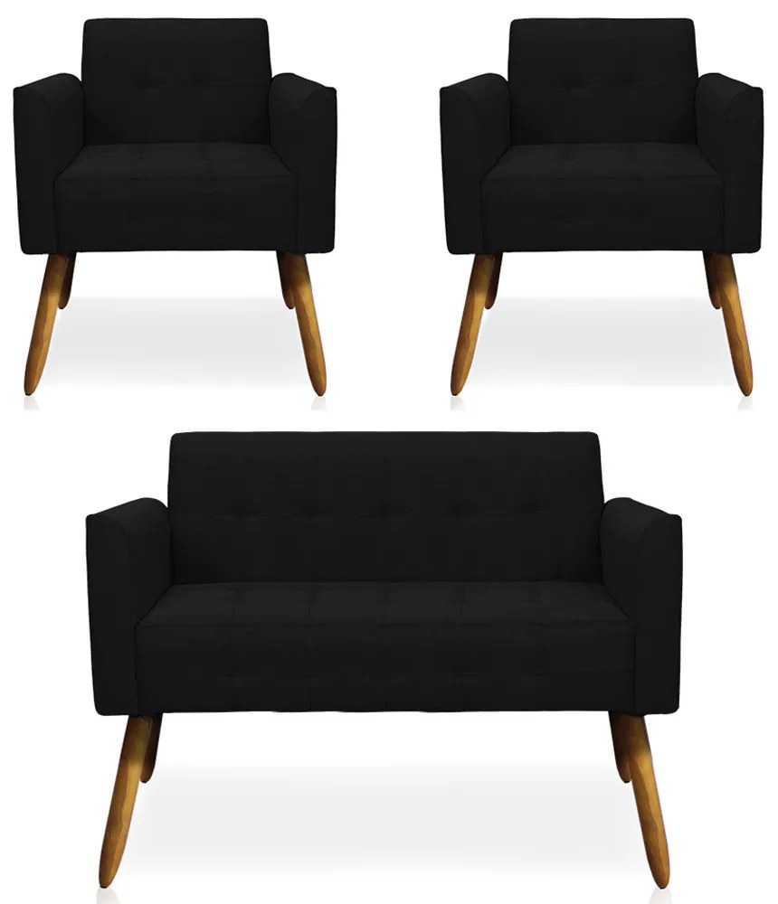 Conjunto 2 Poltronas e 1 Namoradeira Pés Palito Karen Linho Preto G19 - Gran Belo