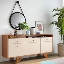 Balcão Buffet Ellora 2 Portas Com Espelho Redondo H01 Nature/Off White