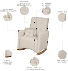 Poltrona Amamentação Base Madeira Balanço Lola Veludo Off F03 - Mpozen