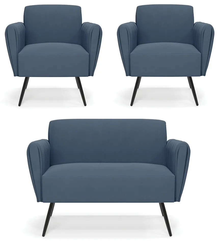 Sofá Namoradeira com 2 Poltronas Pés Palito de Ferro Bruna Suede - D'Rossi - Azul Marinho