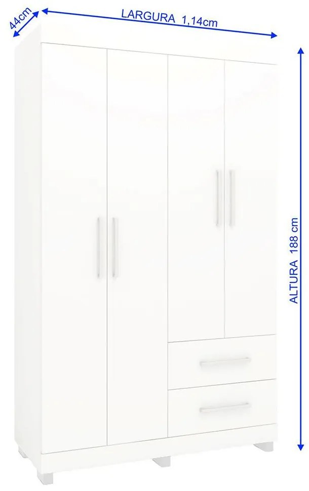 Roupeiro Guarda Roupa 4 Portas Prateleiras 2 Gavetas Branco