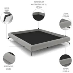 Cama King Base Box 193x203cm Pés de Ferro Cold Z37 Veludo Cinza - Mpoz