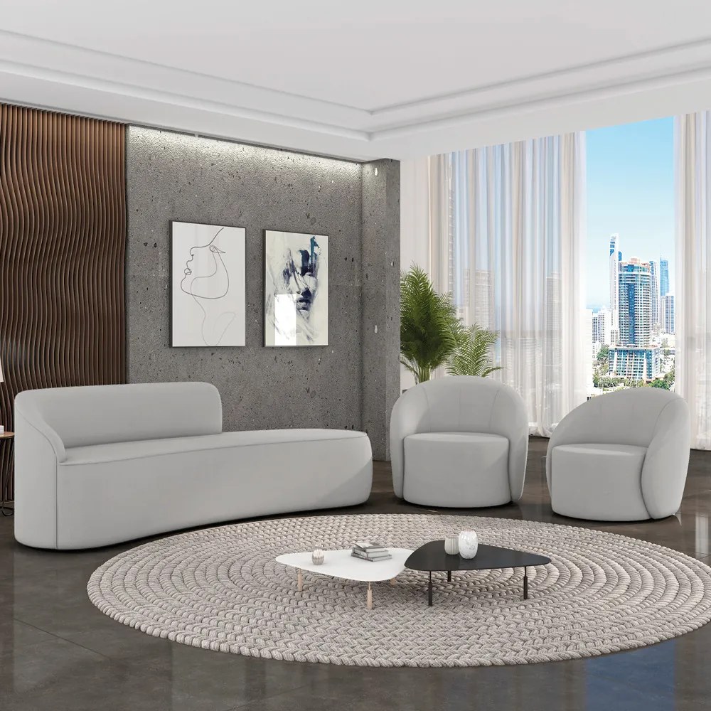 Sofá 4 Lugares Orgânico 220cm Morgan e 2 Poltronas Lua Suede D03 - D'Rossi - Cinza