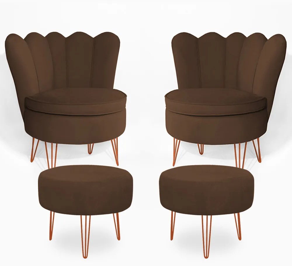 Conjunto 2 Poltrona Dália com 2 Puff Chloe Pés Hairpin Legs Bronze Veludo Marrom