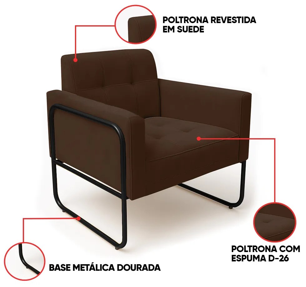 Poltrona Sala Industrial Alta Tubo Preto Elisa Suede D03 - D'Rossi - Marrom