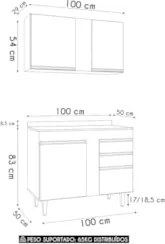 Armário Cozinha e Balcão Com Tampo 100cm Luziania Cinza Claro/Castanho