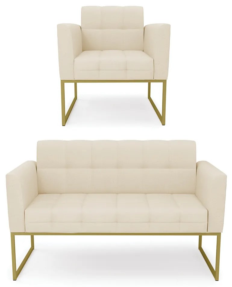 Kit 1 Sofá Namoradeira e 1 Poltrona Elisa Linho Bege A19 Base Metálica Industrial Dourado - D'Rossi