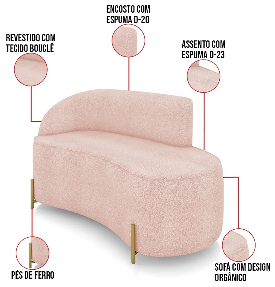 Sofá 2 Lugares Orgânico 140cm Pé Aço Lateral Dourado Morgan Bouclê D03 - D'Rossi - Rose