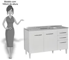 Balcão Gabinete Suécia com Pia Inox 120cm 3 Portas Branco - Lumil Móve