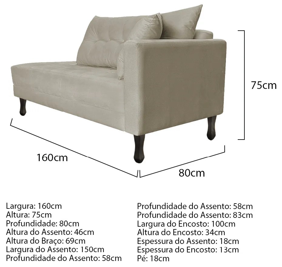 Kit Diva Recamier Azura 160cm Lado Esquerdo e 02 Poltronas Classic Linho - ADJ Decor