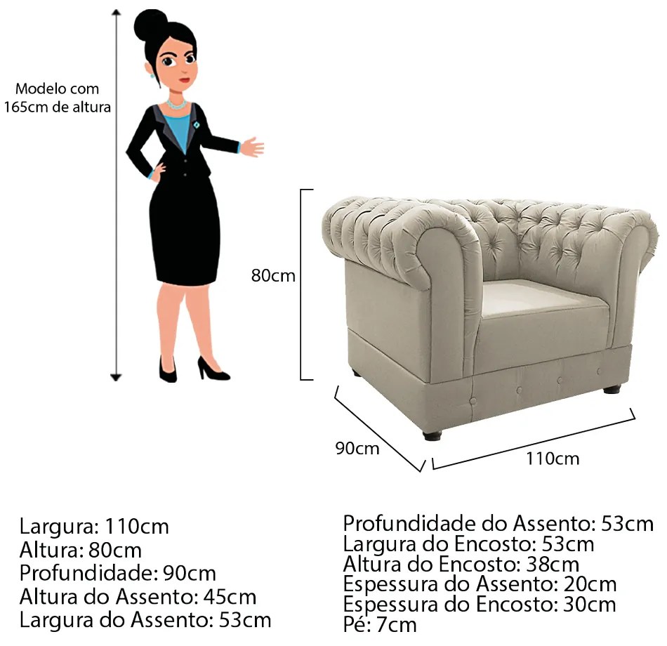 Poltrona Decorativa Chesterfield Ana Corano Bege- ADJ Decor