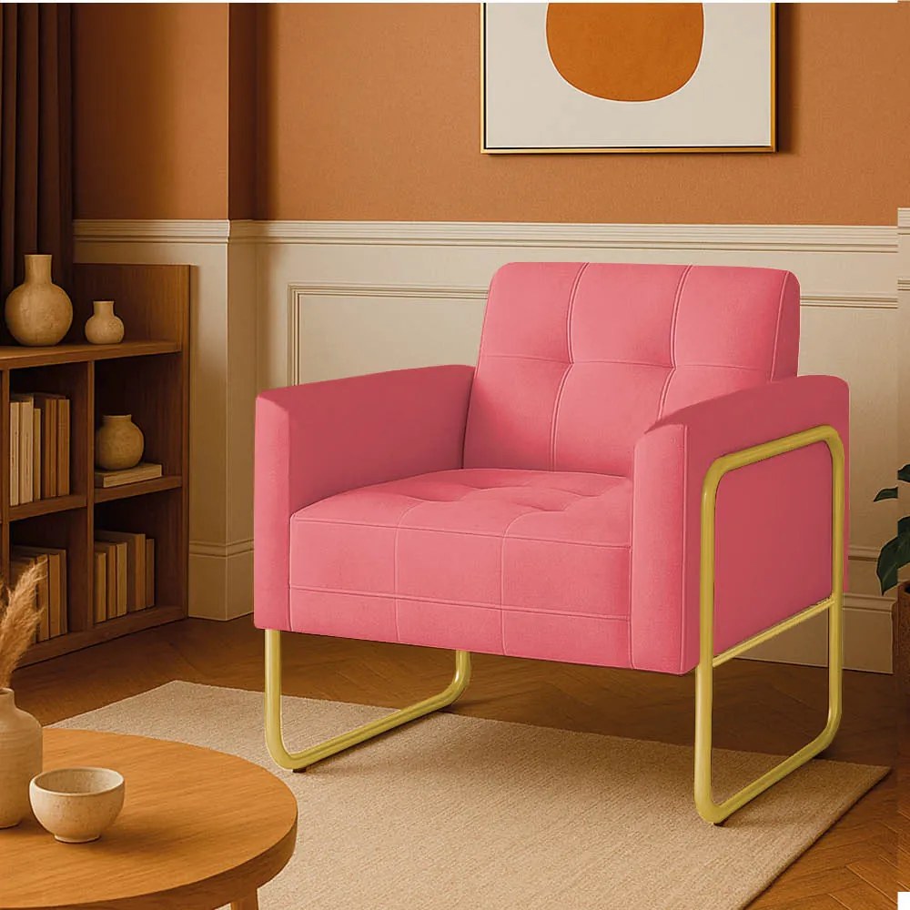 Poltrona Sala Industrial Alta Tubo Dourado Elisa Suede D03 - D'Rossi - Rose