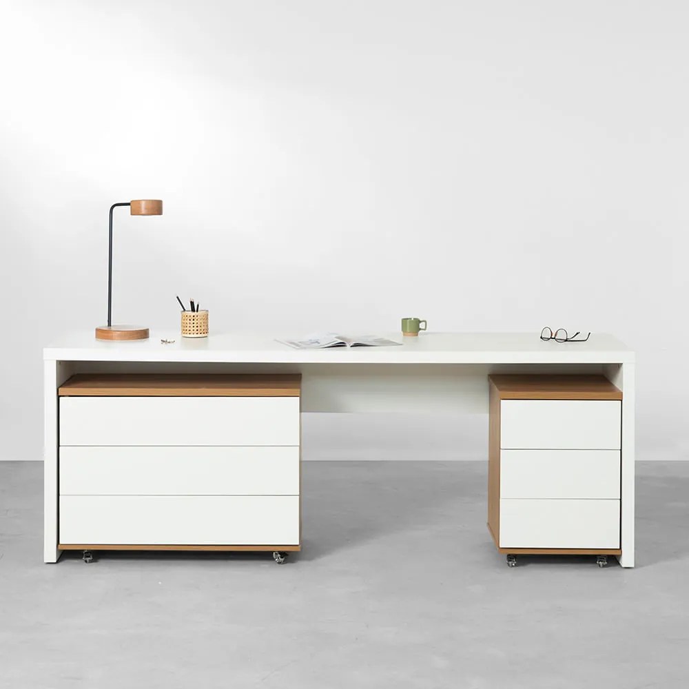 Conjunto Office - Bancada Contemporânea Branco 2,06m + Módulo 3 Gavetas Louro Freijó e Branco 42,5cm + Módulo 3 Gavetas Louro Freijó e Branco 85cm