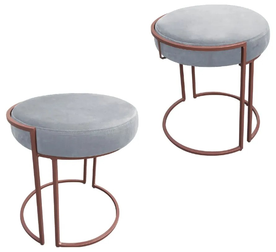 Puff Redondo Base Industrial Cobre Kit 2 Love Suede - Cinza